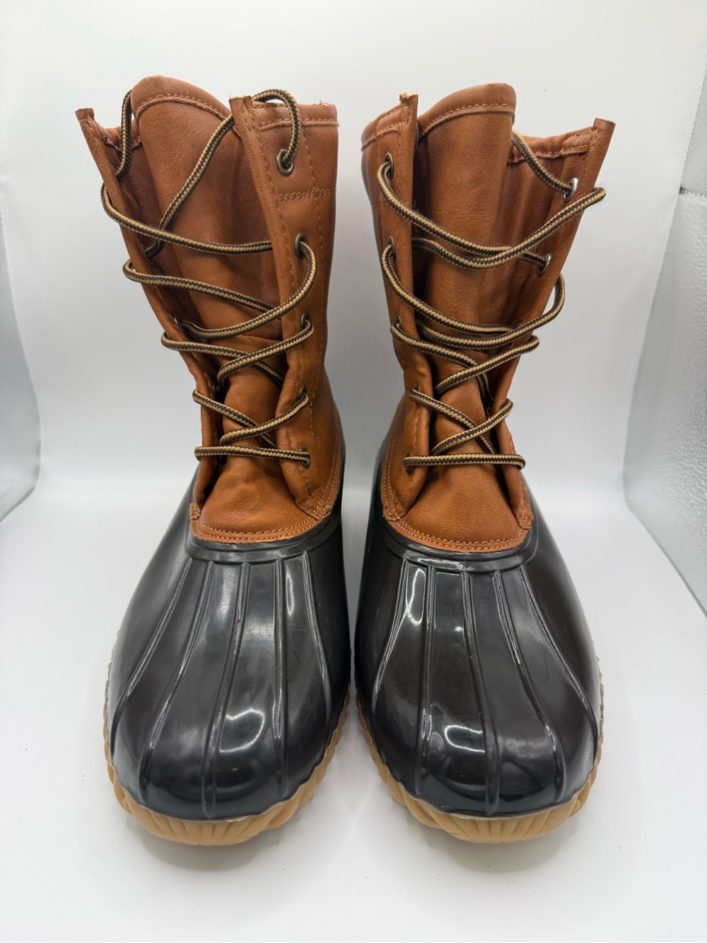 Duck Boots Brown Upper Black Rubber Lace-Up Winter Boots